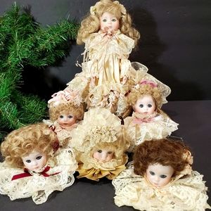 6 pcs Snow Babies Porcelain Bisque Victorian Doll Head Ornaments & Tree Topper